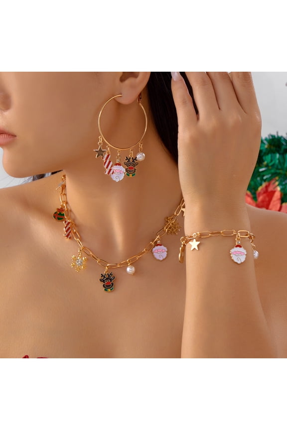 Christmas Necklace Bracelet Earrings for Women Christmas Jewelry Accessories Gingerbread Man Christmas Tree Snowman Pendant Necklace Charm Bracelet Christmas Outfits Party Favor