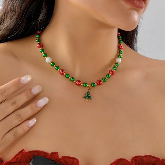 SPEKSEE Christmas Necklace for Women Colorful Beaded Necklace Handmade Beaded Christmas Tree Snowflake Snowman Bells Pendant Necklace Christmas Birthday Party Costume Jewelry