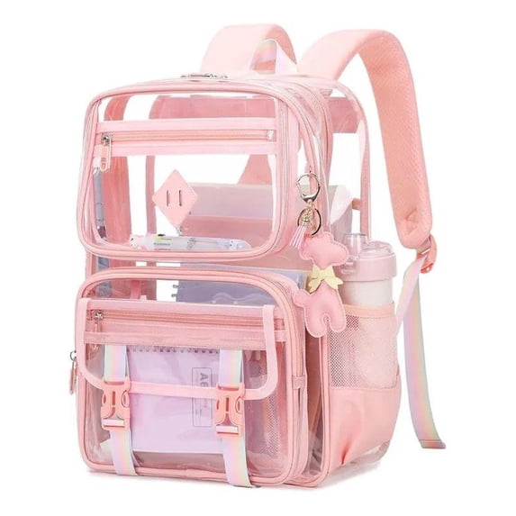 SPEKSEE Clear Backpack with Multiple Pockets for School, Travel, and Work – Stylish and Durable Organizer with Front Zipper Compartments, Mesh Side Pockets, and Trendy Keychain Charm