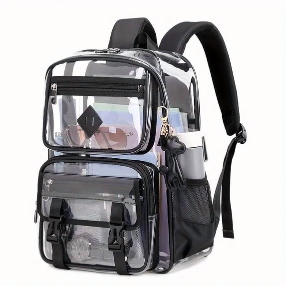 SPEKSEE Clear Backpack with Multiple Pockets for School, Travel, and Work – Stylish and Durable Organizer with Front Zipper Compartments, Mesh Side Pockets, and Trendy Keychain Charm
