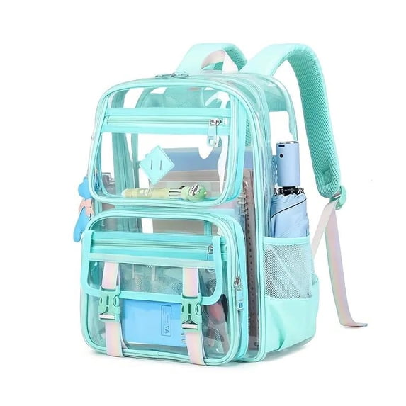 SPEKSEE Clear Backpack with Multiple Pockets for School, Travel, and Work – Stylish and Durable Organizer with Front Zipper Compartments, Mesh Side Pockets, and Trendy Keychain Charm