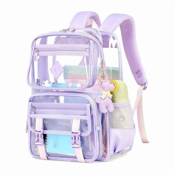 SPEKSEE Clear Backpack with Multiple Pockets for School, Travel, and Work – Stylish and Durable Organizer with Front Zipper Compartments, Mesh Side Pockets, and Trendy Keychain Charm