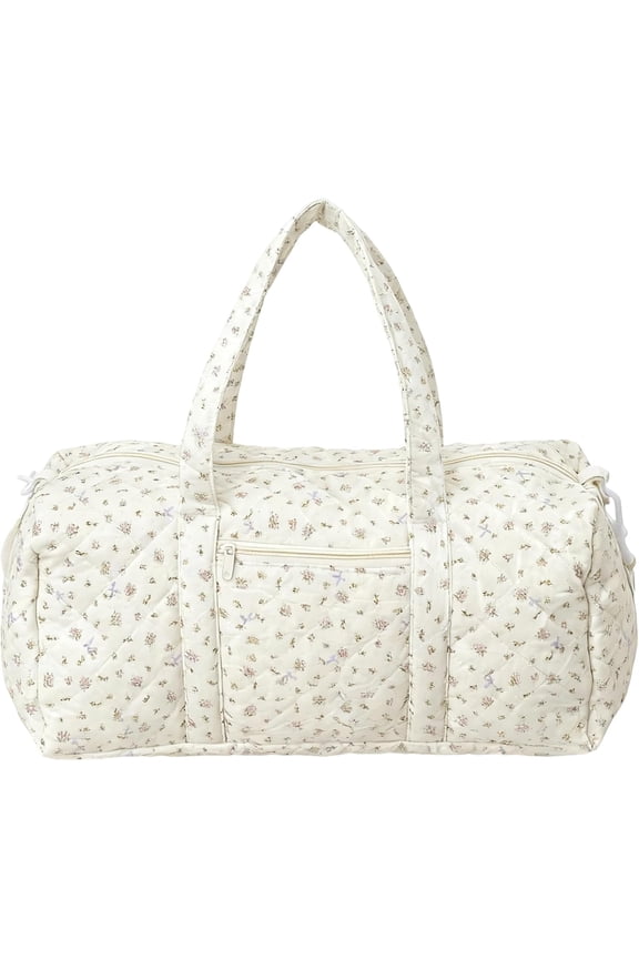 Coquette Floral Cotton Boston Tote Bag, Women’s Quilted Puffy Shoulder Travel Bag, Trendy Large Capacity Fall Purse