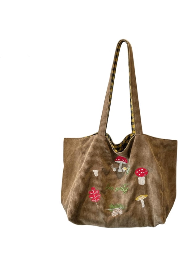 Corduroy Tote Bag Mushroom Embroidery Large Shoulder Bag Alt Casual Reversible Handbag Cute Gingham Corduroy Handbag 2025