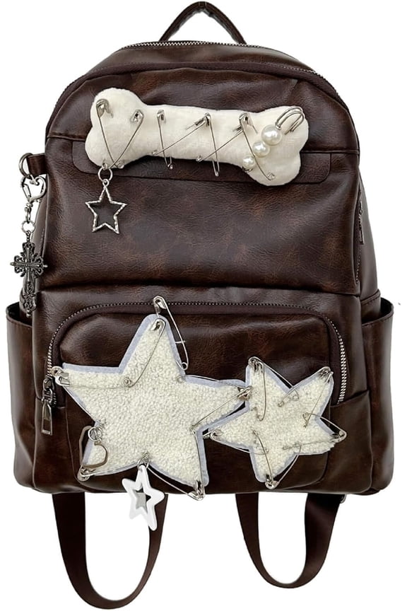Cute PU Backpack Preppy, Y2K Star Vintage Fashion Bookbag, Aesthetic Emo 2000s Backpack for Women Men Casual Bag