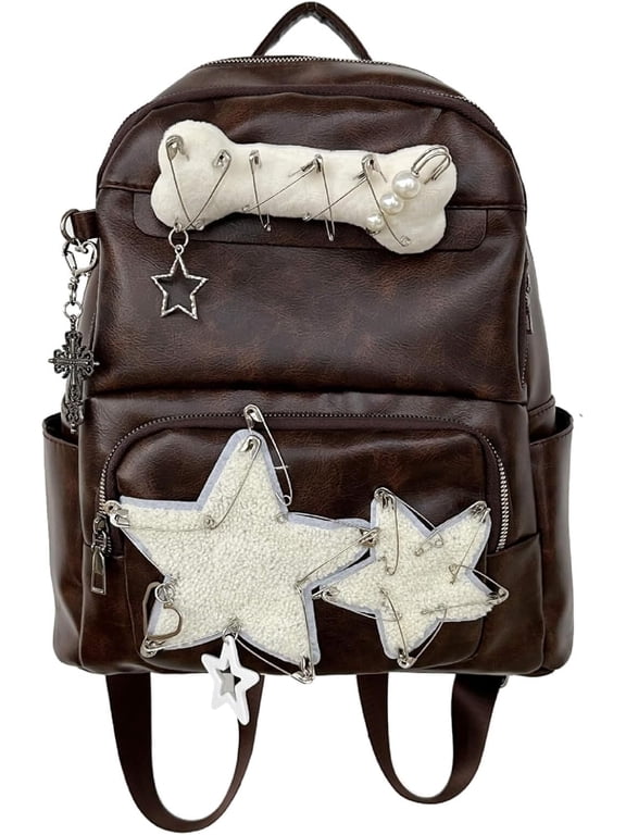 Cute PU Backpack Preppy, Y2K Star Vintage Fashion Bookbag, Aesthetic Emo 2000s Backpack for Women Men Casual Bag