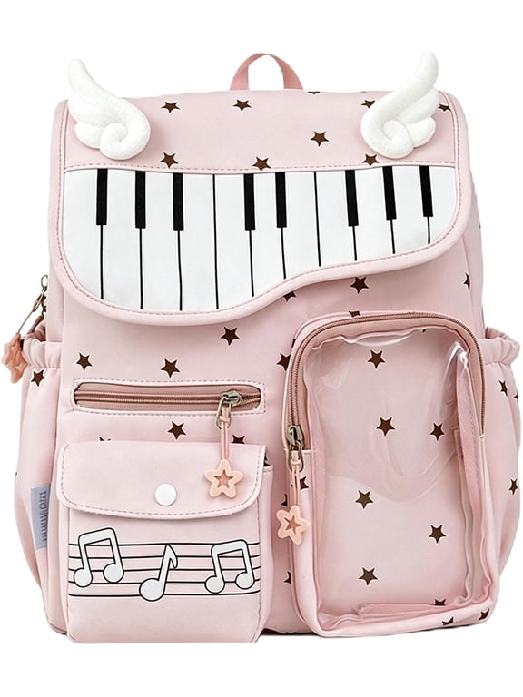 Cute Piano Keyboard Star Print Backpack for Women, Large Capacity Kawaii College School Bag, Multi-Pocket Casual Daypack, Lightweight Travel Rucksack with Adjustable Shoulder Straps
