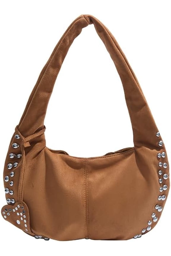 Deerskin Velvet Studded Shoulder Bag Rivet Frosted Underarm Bag Y2K Fashion Hobo Bag for Shopping Travel Work
