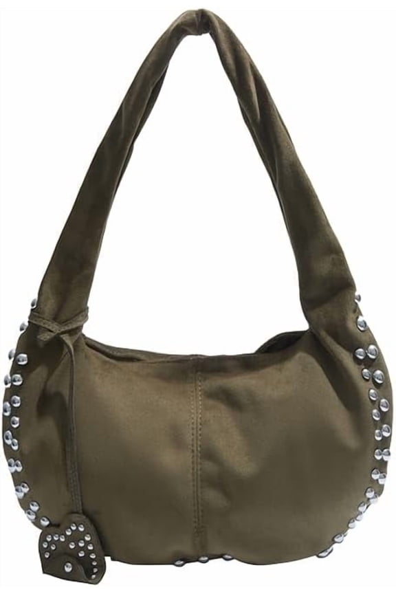 Deerskin Velvet Studded Shoulder Bag Rivet Frosted Underarm Bag Y2K Fashion Hobo Bag for Shopping Travel Work