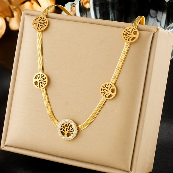 SPEKSEE Elegant Bohemian Golden-Tone Stainless Steel Necklace with Tree of Life Pendant & Accents - Unisex Jewelry for Men & Women, Perfect for Daily Wear