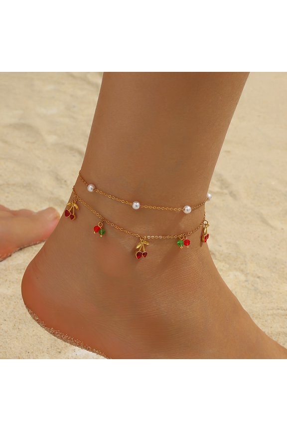 Elegant Golden Stainless Steel Multi-Layered Ankle Chain with Cherry Charms - Boho-Chic Minimalist Design for Beach, Parties, and Daily Wear - Perfect Gift for Women, Beach Jewelry