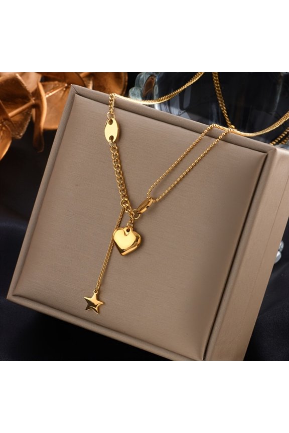 Elegant Golden Stainless Steel Necklace with Heart & Star Pendants - Chic Boho-Chic Style for Women, Ideal for Daily Wear or Special Occasions, Perfect Gift Option