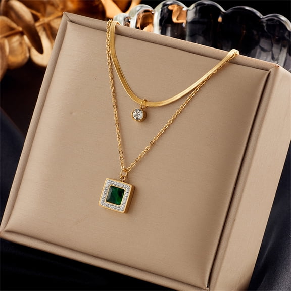 SPEKSEE Elegant Multi-Layer Golden Stainless Steel Necklace with Sparkling Square Pendant - Perfect for Men and Women, Ideal for Parties and Formal Events, Gift Item, Formal Event Accessory