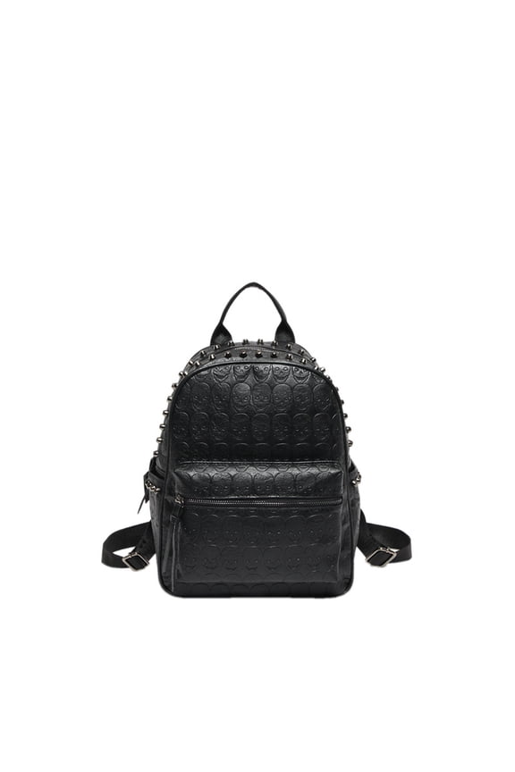 Fashionable Rivet Decor Skull Embossed Pu Leather Backpack, Casual Versatile Zipper Backpack, Simple All-match Backpack for Daily Life