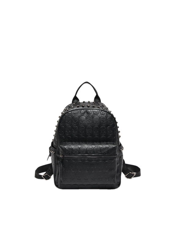 Fashionable Rivet Decor Skull Embossed Pu Leather Backpack, Casual Versatile Zipper Backpack, Simple All-match Backpack for Daily Life