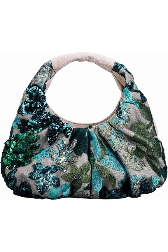 Floral Embroidered Cotton-Linen Sequin Mini Evening Bag for Women,Vintage Hobo Handbag Clutch Purse for Party Wedding