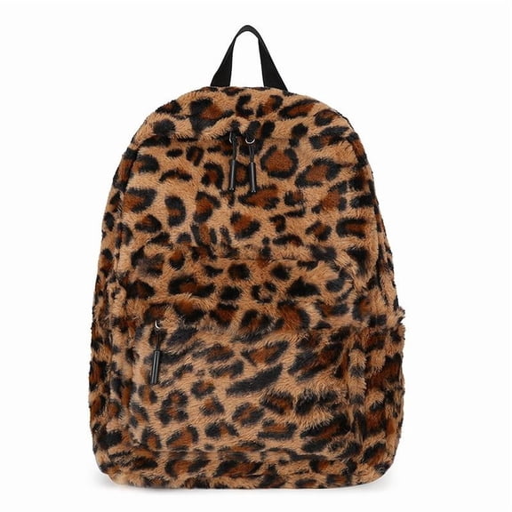 SPEKSEE Fluffy Casual Leopard Pattern Zip Backpack, Leopard Pattern Plush Backpack, Casual Zipper Backpack for Women & Men, Fashionable Backpack for Daily Use