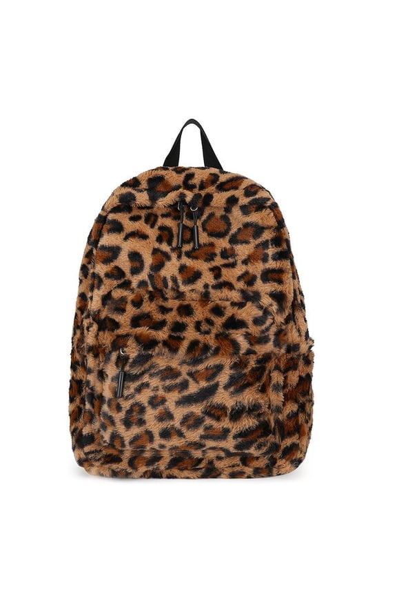 Fluffy Casual Leopard Pattern Zip Backpack, Leopard Pattern Plush Backpack, Casual Zipper Backpack for Women & Men, Fashionable Backpack for Daily Use