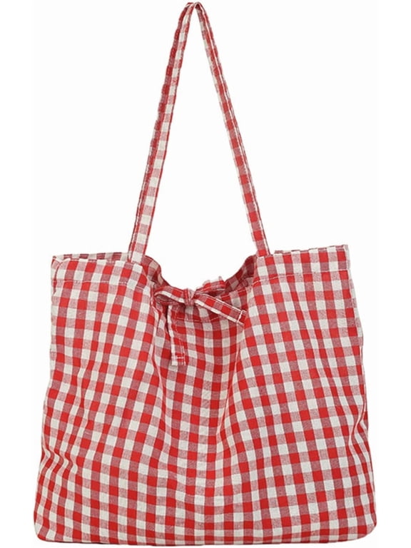 Gingham Tote Bag Vintage Shoulder Tote Lightweight Shoulder Bag Gingham Large Capacity Handbag