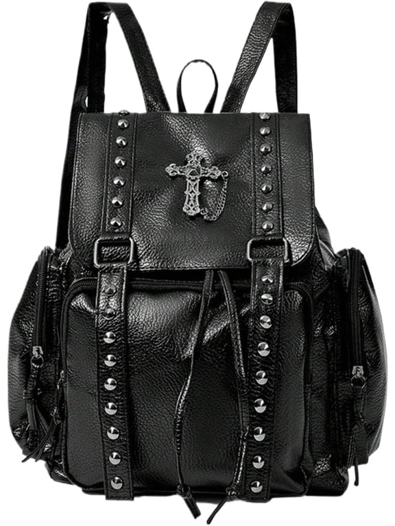 Gothic Punk Studded Backpack, Retro Cross Metal Decor Drawstring PU Leather Daypack, Vintage Rock Style Large Capacity Commute Travel Backpack