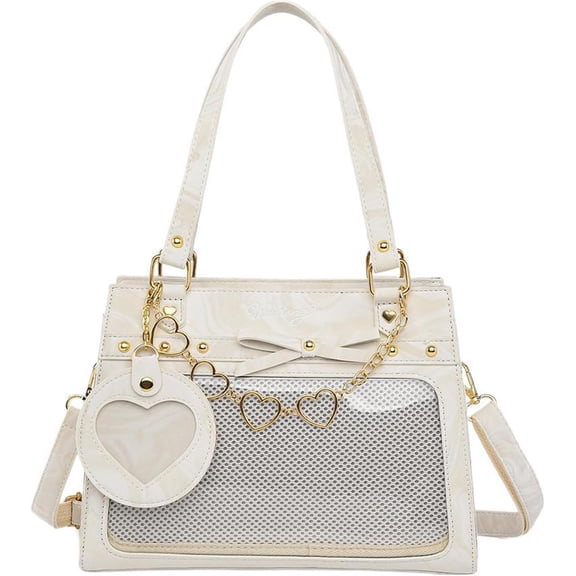 SPEKSEE Kawaii Ita Tote Bag Versatile PU Leather Handbag Kawaii Cute Clear Window Pin Insert