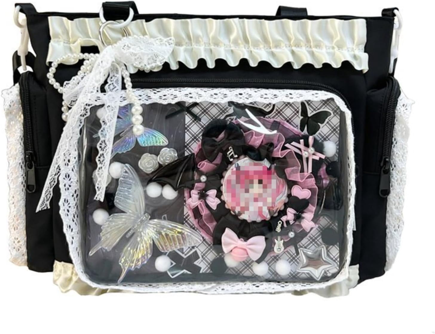 SPEKSEE Lace Itabag Ruffle Shoulder Purse， Pin Display Bag with Insert Anime Badge Display