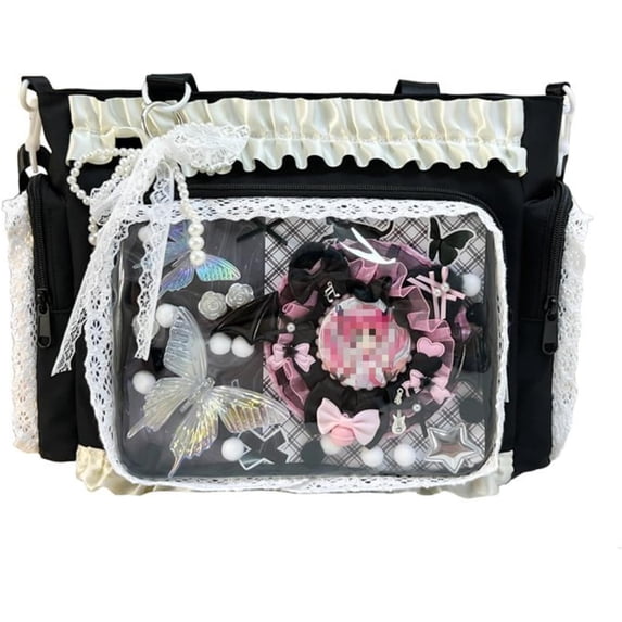 SPEKSEE Lace Itabag Ruffle Shoulder Purse, Pin Display Bag with Insert Anime Badge Display
