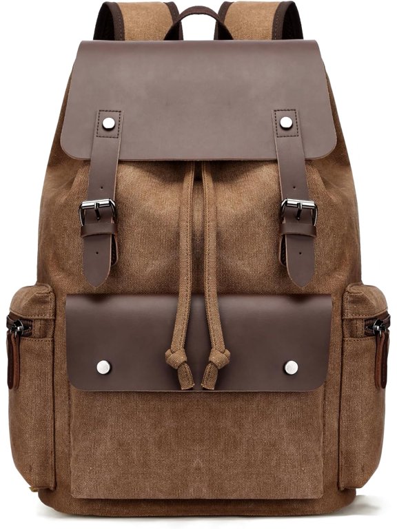 Retro Canvas & Leather Laptop Backpack, Unisex 16 Inch Computer Bag for Work Travel & University, Vintage Style Rucksack