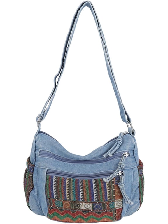 Slouchy Shoulder Bag Boho Denim Y2K Large Hobo Purse Soft Messenger Retro Crossbody Handbag Vintage Washed Jeans with Pockets