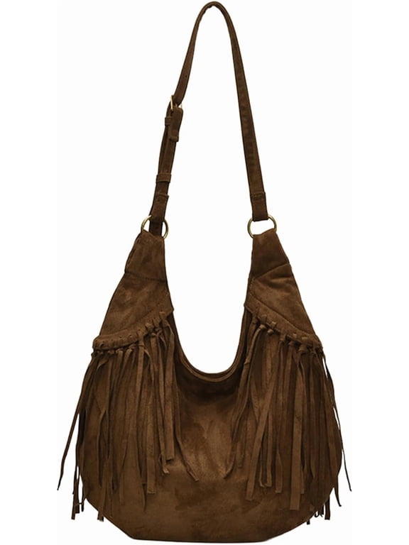 Slouchy Shoulder Bag Fringe Large Suede Purse for Women Vintage Hobo Tote Chocolate Brown Western Fringed Handbag Retro