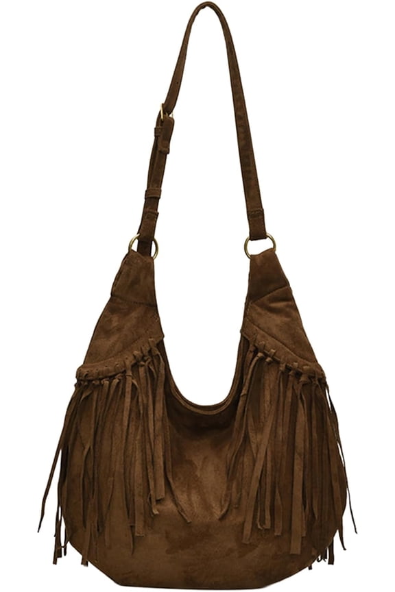 Slouchy Shoulder Bag Fringe Large Suede Purse for Women Vintage Hobo Tote Chocolate Brown Western Fringed Handbag Retro