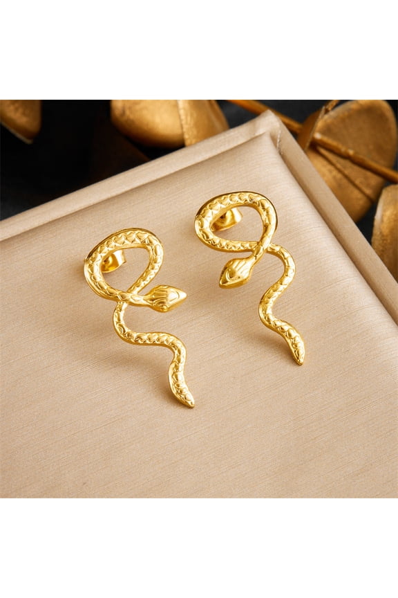 Snake Stud Earrings, Golden Stainless Steel Flat Back Snake Shaped Earrings Snake Dangle Earrings Push-In Lobe Stud Snake Drop Earrings Jewelry For Women