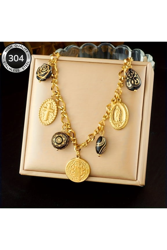 Stainless Steel Religious Necklace with Virgin Mary & Saint Benedict Pendants - Golden Cross Medal Blessing, Lightweight Fade-Resistant Catholic Gift for Daily Wear & for all-Season Use