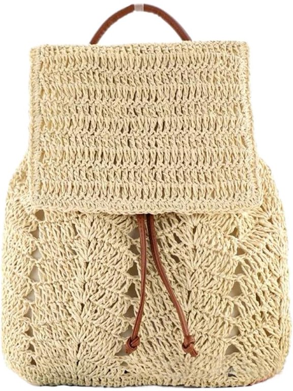 Straw Beach Drawstring Backpack Women Shoulders Bucket Bag for Summer