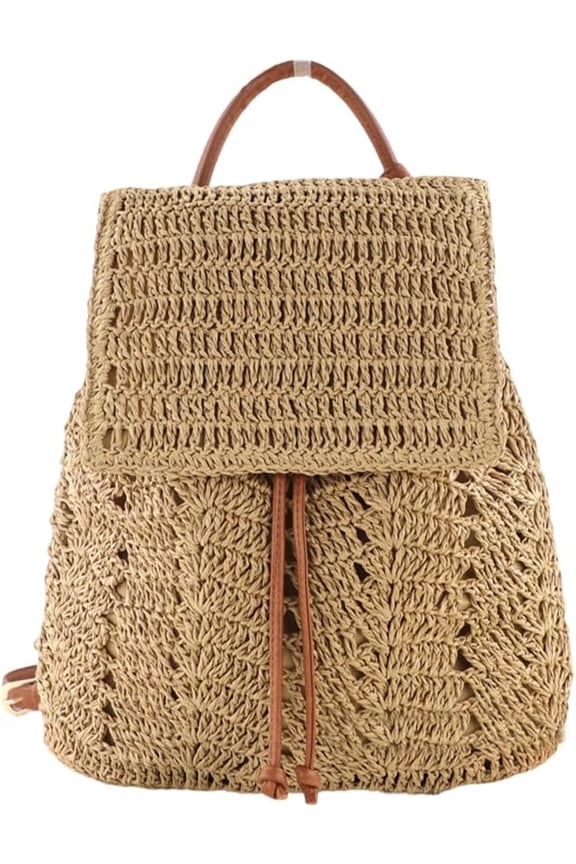 Straw Beach Drawstring Backpack Women Shoulders Bucket Bag for Summer