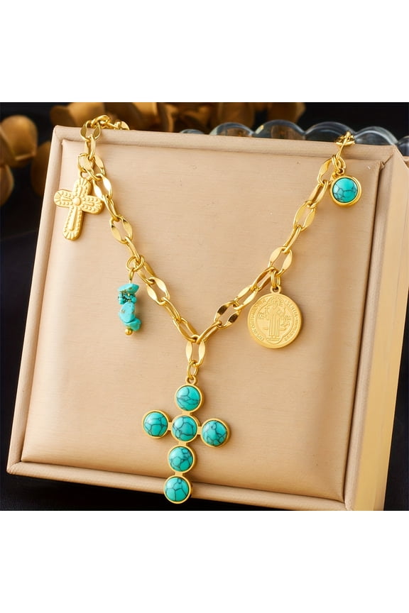 Stylish Golden Stainless Steel Necklace with Turquoise Cross Pendant - Light Gothic Millennium Design, Hip Hop Y2K Fashion, Perfect for Daily Wear & Music Festivals, Festival Wear