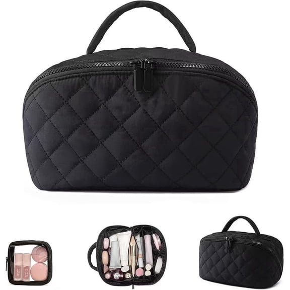 SPEKSEE Travel Makeup Bag for Women, 2Pcs Puffer Waterproof Cosmetic Organizer, Wide-Open Lay-Flat Cosmetic Bags, Large Capacity Water-Resistant Toiletry Organizer with Compartments