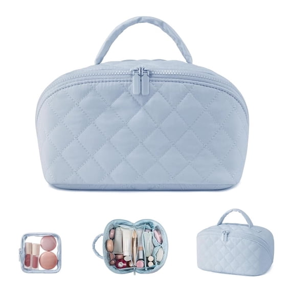 SPEKSEE Travel Makeup Bag for Women, 2Pcs Puffer Waterproof Cosmetic Organizer, Wide-Open Lay-Flat Cosmetic Bags, Large Capacity Water-Resistant Toiletry Organizer with Compartments