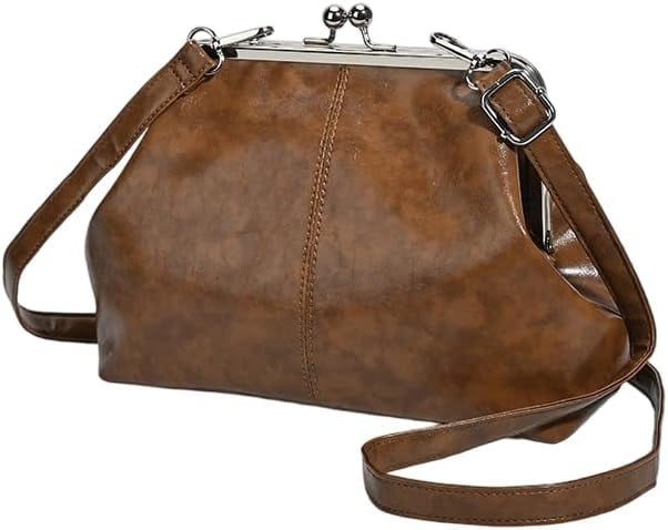 SPEKSEE Vintage Crossbody Bags for Women, Retro PU Leather Hobo Bag with Metal Kiss Lock, Large Brown Purse for Fall&Winter