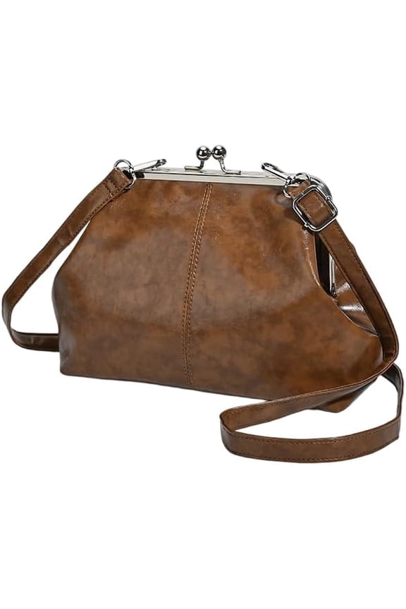 Vintage Crossbody Bags for Women, Retro PU Leather Hobo Bag with Metal Kiss Lock, Large Brown Purse for Fall&Winter