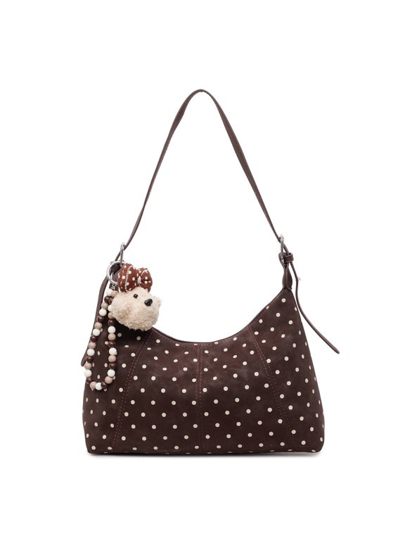 Vintage Polka Dot Hobo Shoulder Bag for Women, Large Capacity Casual Underarm Bag, Adjustable Strap Crossbody Handbag with Cute Pendant, Y2K Preppy Daily Purse