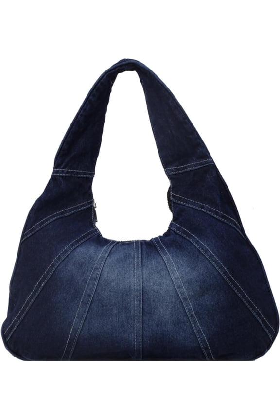 Vintage Washed Denim Hobo Shoulder Bag for Women, Stitched Spliced Denim Dumpling Hobo Bag, Zip Top Casual Underarm Handbag, Large Capacity Daily Fashion Tote Purse
