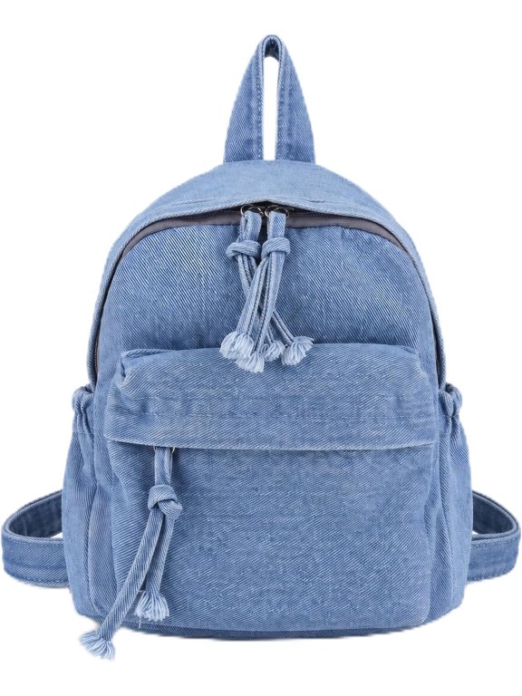 Vintage Washed Denim Mini Backpack, 2‑Way Convertible Casual Daypack, Tassel Drawstring Small Shoulder Crossbody Bag for Daily Travel