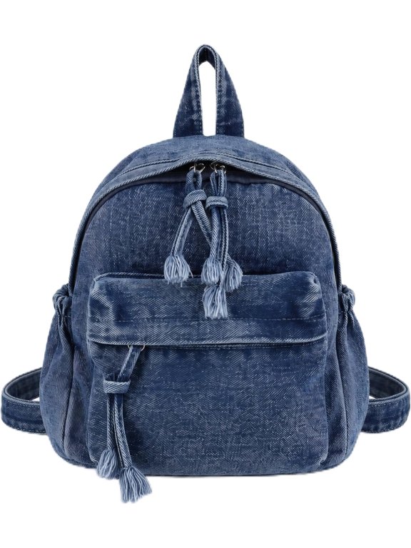 Vintage Washed Denim Mini Backpack, 2‑Way Convertible Casual Daypack, Tassel Drawstring Small Shoulder Crossbody Bag for Daily Travel