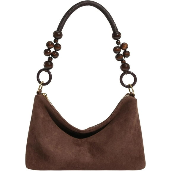 SPEKSEE Women Faux Suede Shoulder Bag with Beads Handles Crescent Handbag Small Tote Bag for Travel Shopping Daily Use