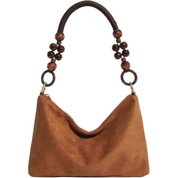 SPEKSEE Women Faux Suede Shoulder Bag with Beads Handles Crescent Handbag Small Tote Bag for Travel Shopping Daily Use