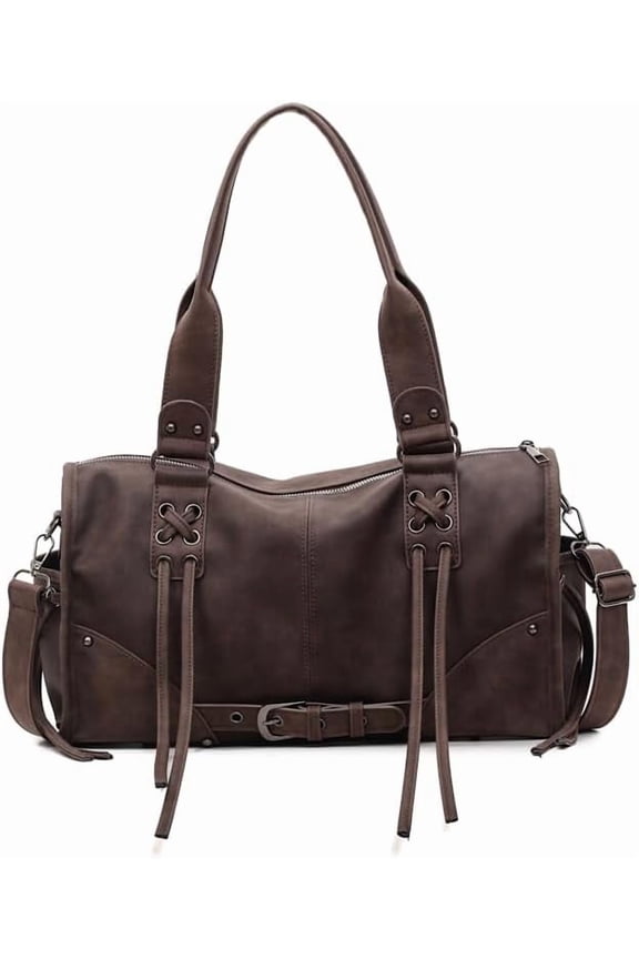 Women’s Large PU Tote Bag, Retro Shoulder Boston Bag Vintage Accent, Casual Top Handle Fall Purse for Travel Commute