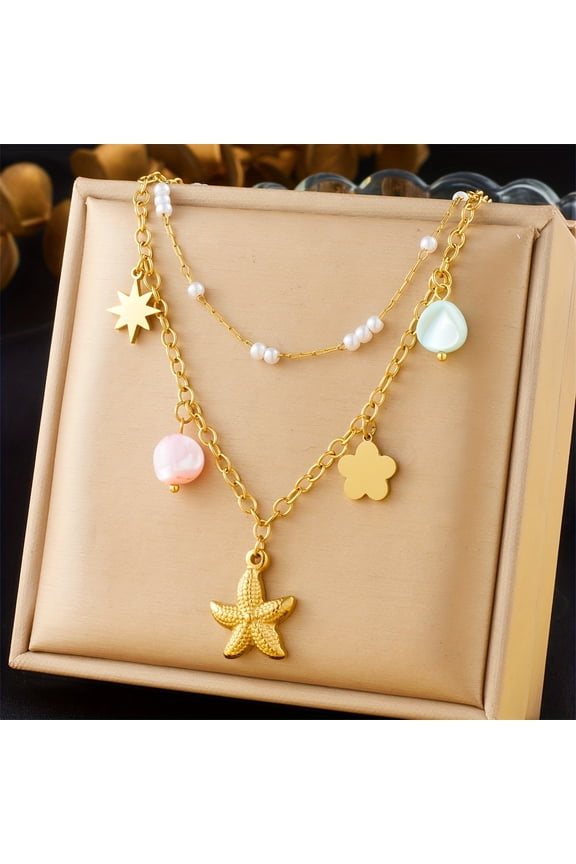 Women's Necklace Featuring a Double-Layer Design with Imitation Pearls And a Starfish Pendant, Crafted from Golden Stainless Steel, Inspired by European And American Ocean Fashion