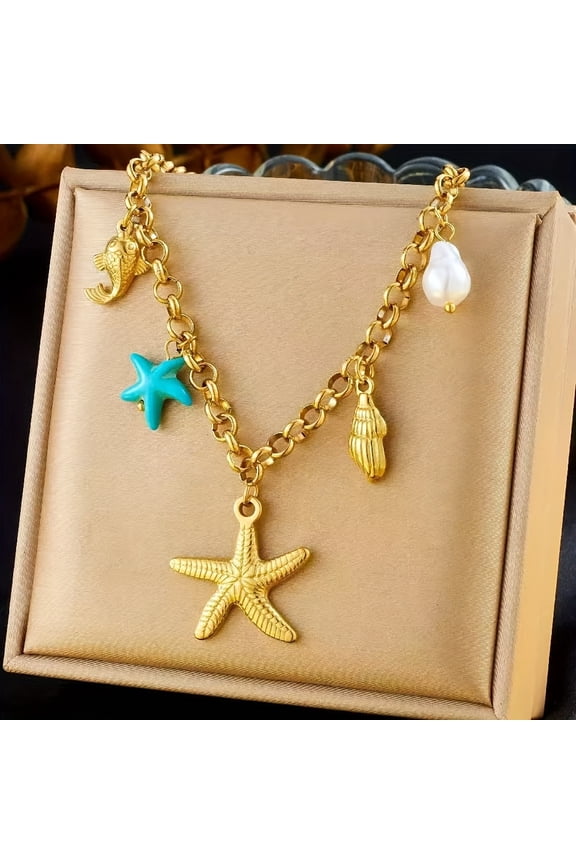 Women's Necklace - Y2K Oceanic Style Triple Pendant Jewelry with Starfish, Seashell & Fish Charms, Turquoise Enamel Accents for Summer Beach Parties, Travel & Daily Wear