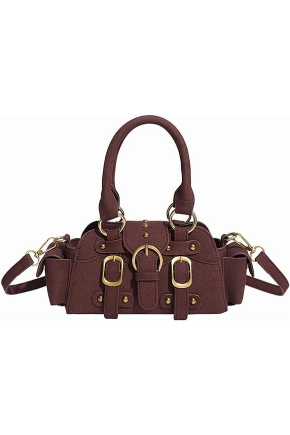 Women’s PU Crossbody Handbag, Studded Y2k Vintage-Inspired Top Handle Satchel Bag, Chic Brown Shoulder Purse for Fall